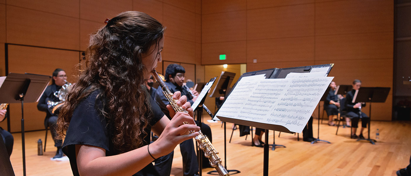 Close up of clarinet player among other musicians on stage practicing for a performance