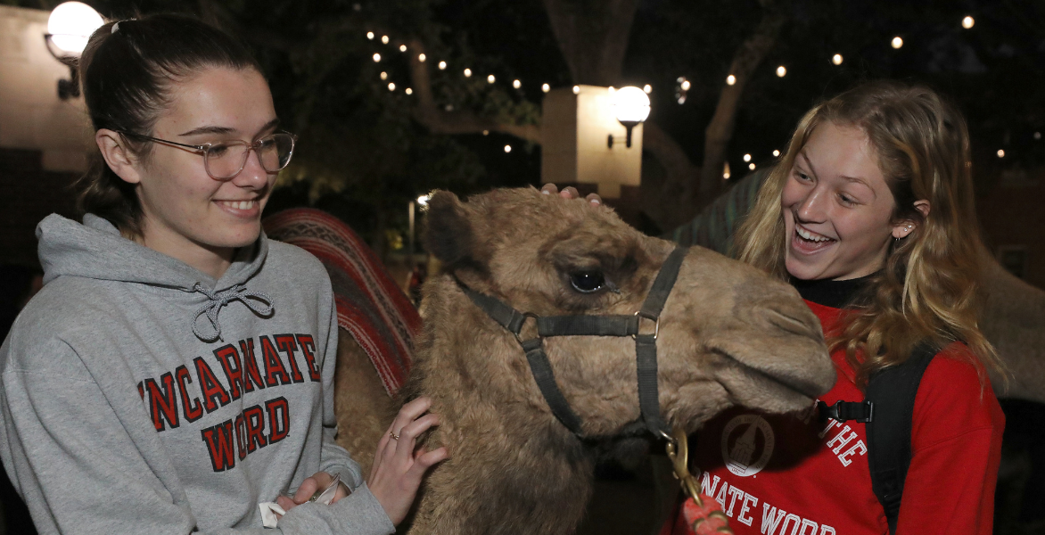Two students petting a camel