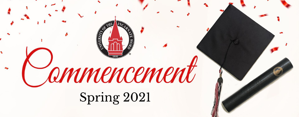 A banner with a mortarboard and diploma tube that reads "Commencement Spring 2021"