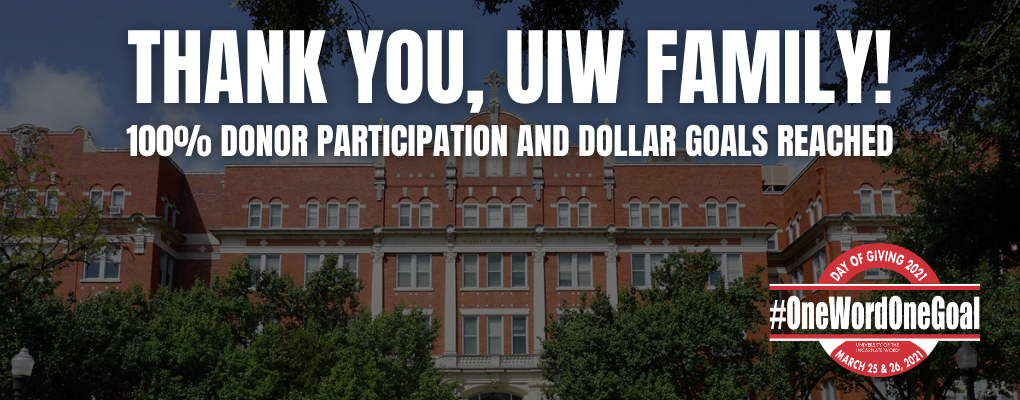 A banner that reads "Thank you, UIW Family! 100% Donor participation and dollar goals reached"