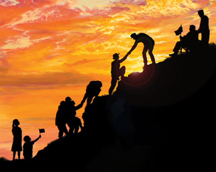 a group of people helping each other up a mountain at sunset
