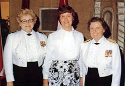 Col. Madelyn Parks, left, incoming chief, Army Nurse Corps and Sister Theresa Stanley join General Dunlap at her farewell gala, August 1975 