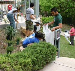Students are hard at work at a service project in the garden of the Village of