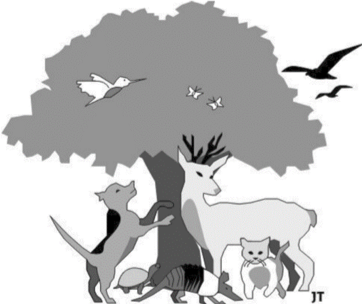 Black and White Graphic of Animals and Tree