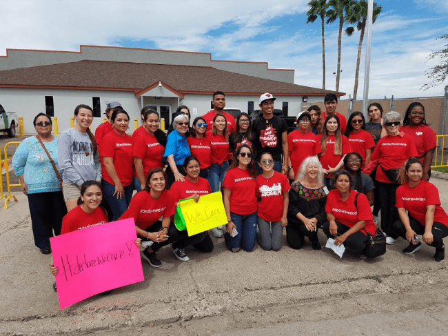 UIW Students and Dr. Maria Felix-Ortiz, Psychology Professor, and Sr. Martha Ann Kirk, Religious Studies Professor, in front of the Ursula Detention Center, McAllen, TX 