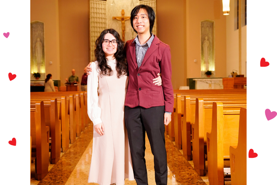 Romeo and Kymber pose in our Lady's Chapel