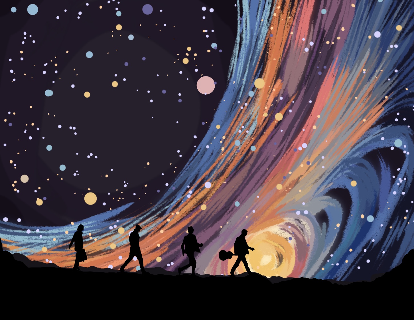 people hiking against colorful background