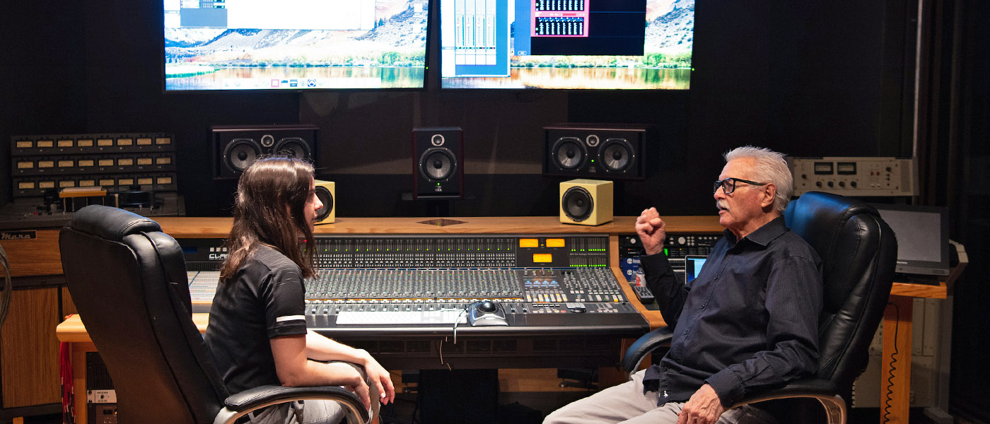 View of the control panel inside the UIW music recording studio