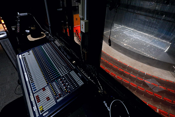 View of the soundboard in the production area of the theatre stage