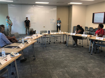 presenters before a whiteboard in a conference room