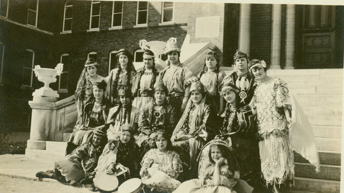 Nuns in theatrical costumes- black and white