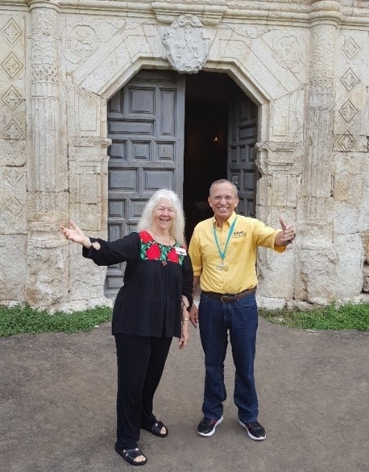 Sister Martha Ann Kirk, Professor of Religious Studies and Father David Garcia, Director of the SA Missions, in front of Mission Concepcion.