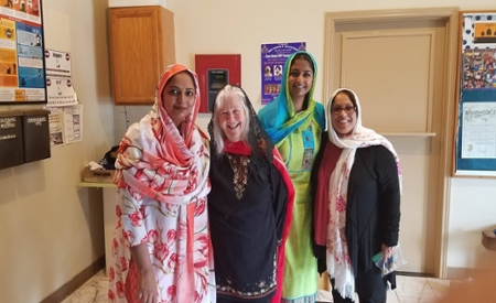 Parminder Kaur (third from the left), a student at the UIW School of Osteopathic Medicine, and Charanjit Kaur, her mother (left) hosted Dr. Sandy Guzman-Foster (right) and Sister Martha Ann Kirk (second from the left), leaders in the UIW Interfaith Innovation Grant from the Interfaith Youth Core.
