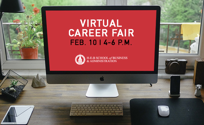 Career fair graphic, computer screen with the date Feb 10, 2021 4-6 p.m.