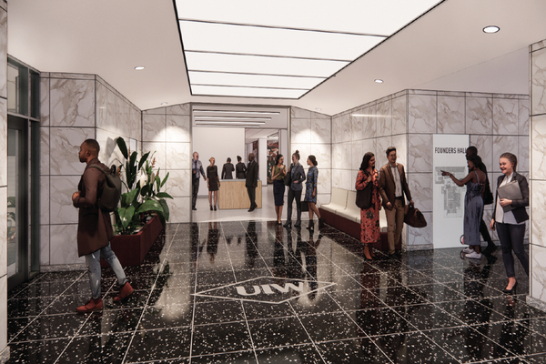 rendering of Founders Hall lobby