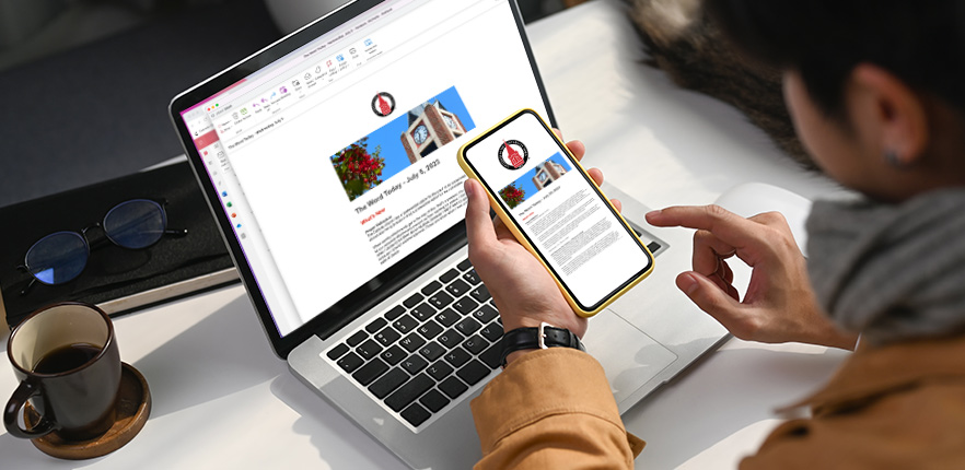 women looking at newsletter on email and phone