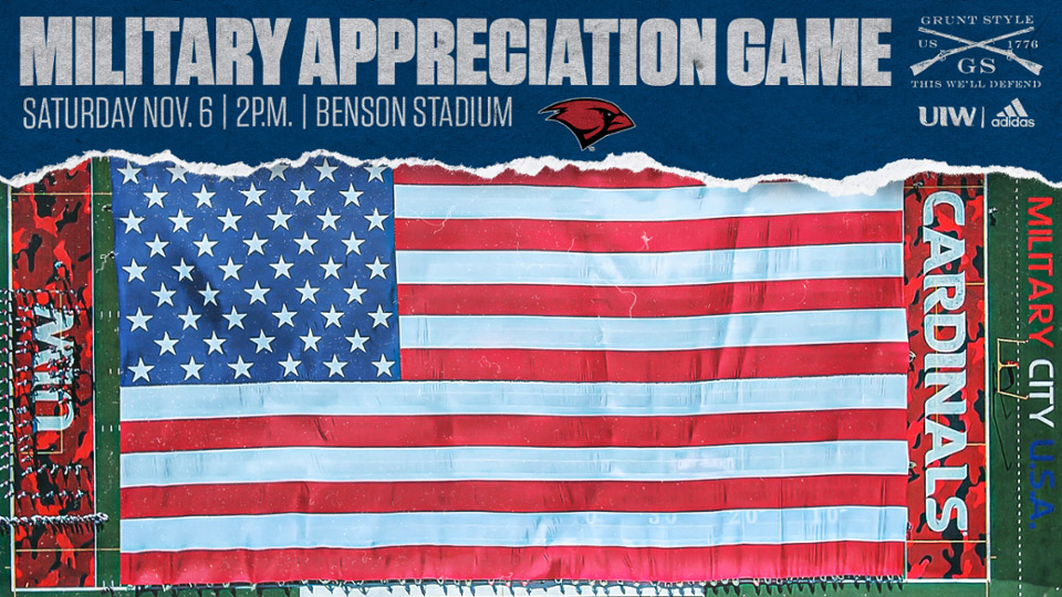 UIW Military Appreciation Game Flyer featuring an overhead view of the UIW Football Field with a field-sized American flag. Saturday, November 6 at 2 p.m. in Benson Stadium. Presented by Grunt Style