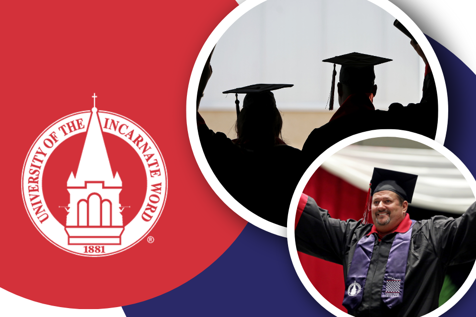 Colorful graphic with two images of UIW graduates celebrating, one with a veteran tribute stole