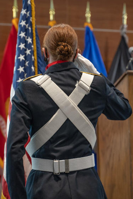 uniformed soldier saluting a flag
