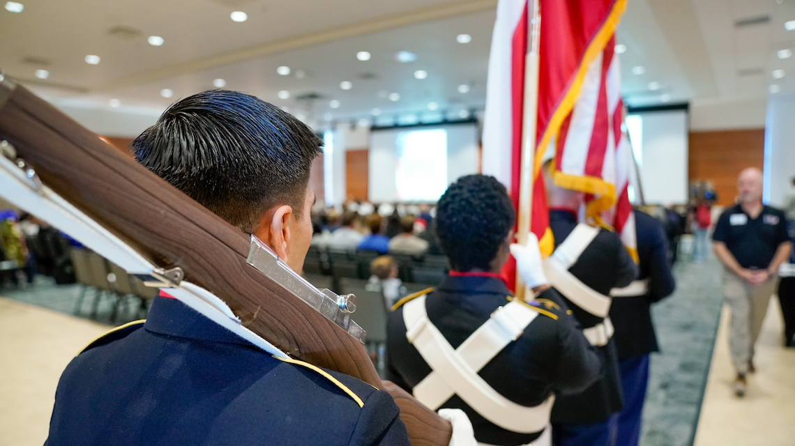 Image of UIW Army ROTC color guard processing in