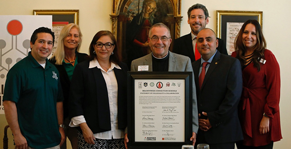 Leaders of new Brainpower Connection (L-R): Gabriel Duarte, Principal - St. Peter Prince of the Apostles School; Dr. Anna Downey, Principal - Incarnate Word High School; Patricia Ramirez, Principal - St. Anthony Catholic School; Brother John Paige, VP UIW Dreeben School of Education; Dr. William Daily, Principal - St. Mary Magdalen School; Michael Fierro, Principal - Blessed Sacrament Catholic School; Dr. Kristina Vidaurri, Principal - St. Anthony Catholic High School