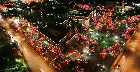 Ariel view of campus during Light the Way at night