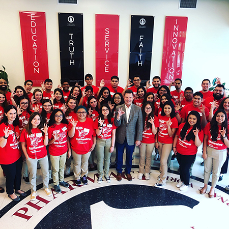 Campers from the Rio Grande Valley join Dr. David Maize, dean at the UIW Feik School of Pharmacy, at the inaugural PharmCAMP 2019