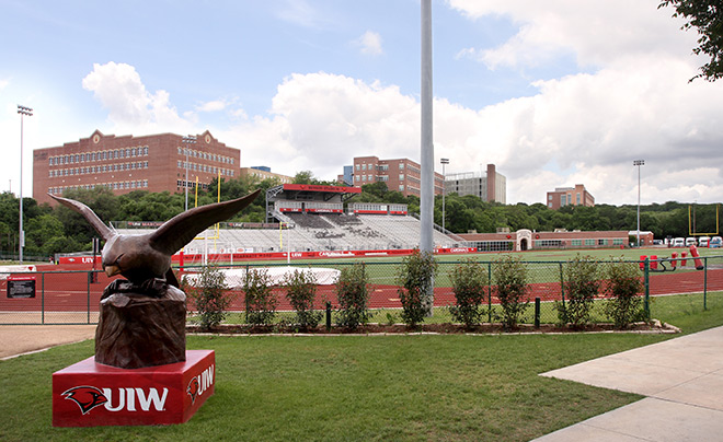Cardinal Statue in front of Benson Field