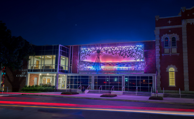 Front of art building at night
