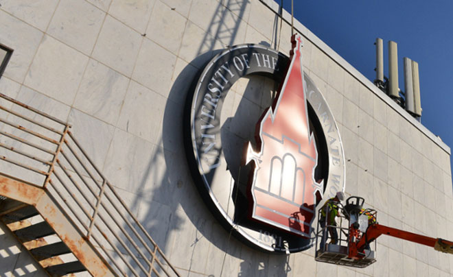 UIW seal on Founders Hall