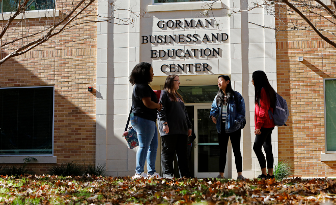 Students in front of Gorman Business and Education Center