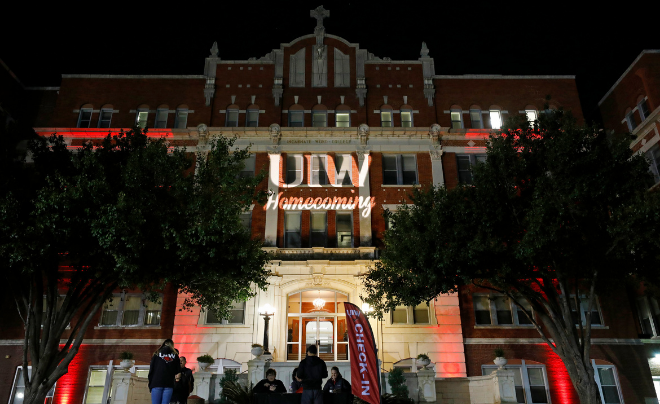 UIW Homecoming projected on a building