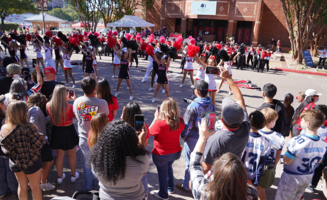 UIW Spirit teams lead cheers for fans before the Homecoming game