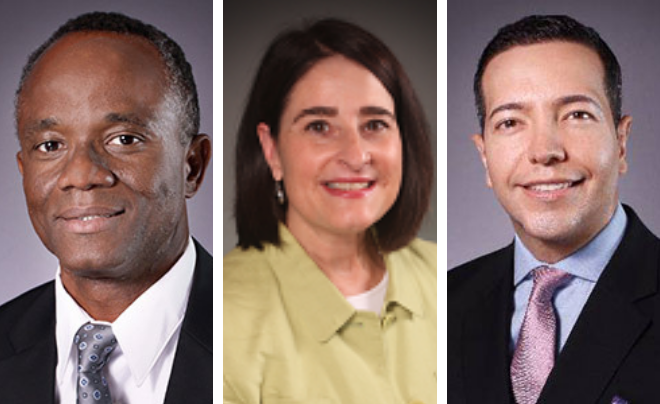 Dr. Oyedele, Dr. Weis and assistant professor Lujano headshots