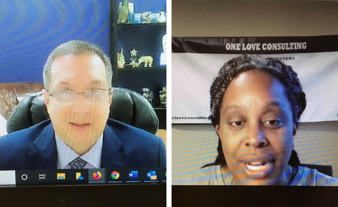 Man and woman presenting on Zoom
