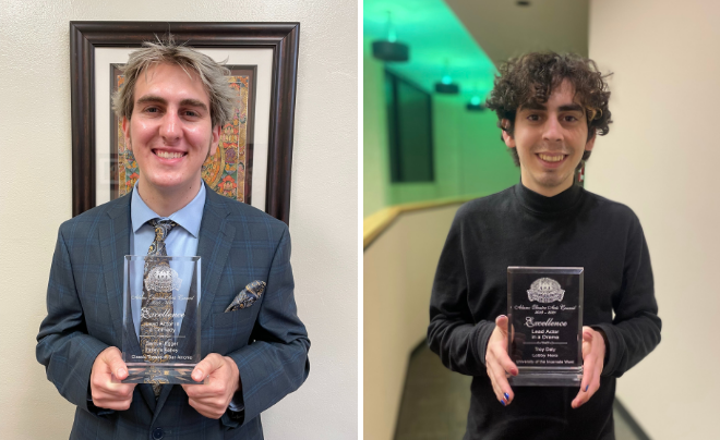 Samuel Egger (right) and Troy Daly (left) posing with their Globe Awards