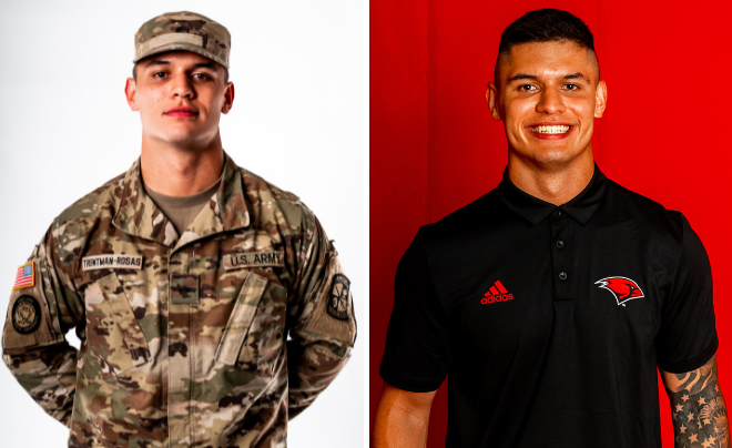 Chance Trentman-Rosas poses in an Army uniform on the left and in a black polo on the right