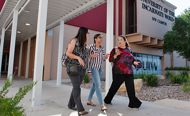 Adult students walking through the Incarnate Word Northwest Campus
