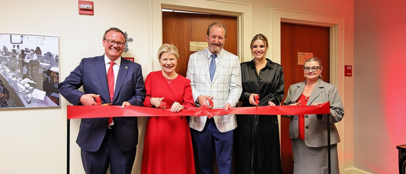 (L-R) Dr. Thomas M. Evans, UIW President; Karin Beckendorf; Scott Beckendorf; Sophie Rose Beckendorf; Dr. Jeannie Scott, Dean, H-E-B School of Business and Administration