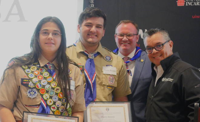 (left-right) Scouts Elizabeth Ann Bowers, Harry Bowers, Dr. Thomas M. Evans, and Michael de los Santos 