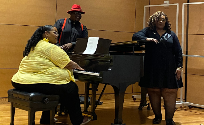 Andrea “Vocab” Sanderson, San Antonio’s Poet Laureate (far right) and musicians perform at UIW’s Seddon Hall 