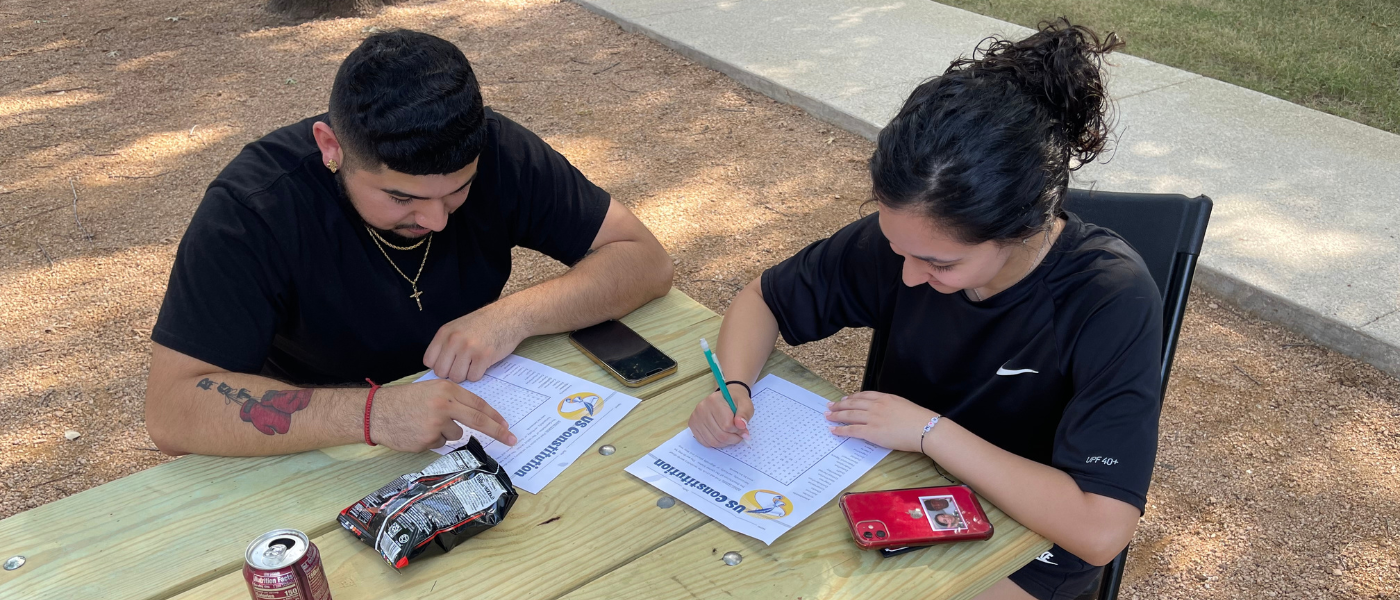 Students working at a table