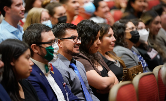 Crowd watches the Leads of the Americas Speaker Series inaugural event