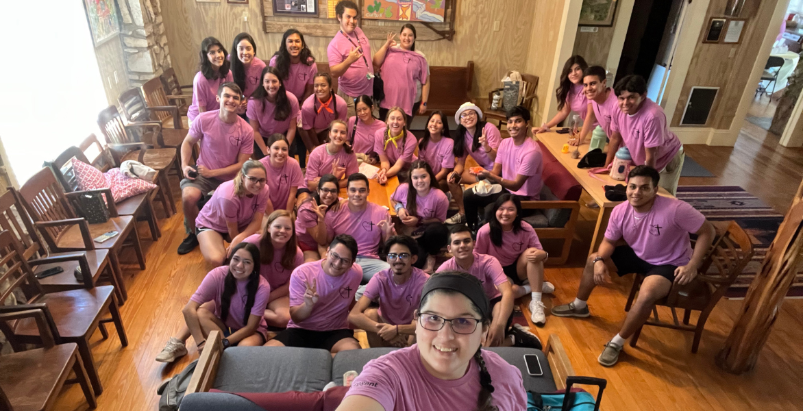 Group of students takes a selfie at Salve Retreat