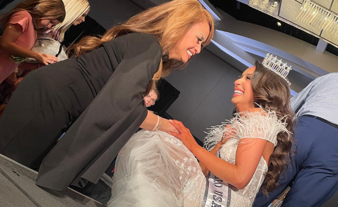 Abigail Velez and her mother celebrate after she wins Miss San Antonio USA