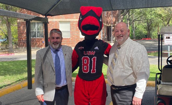 Dr. Javier Clavere, Red Cardinal Mascot and Dr. Kevin B Vichcales