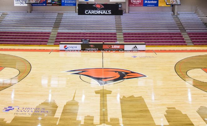 Cardinal logo on basketball court