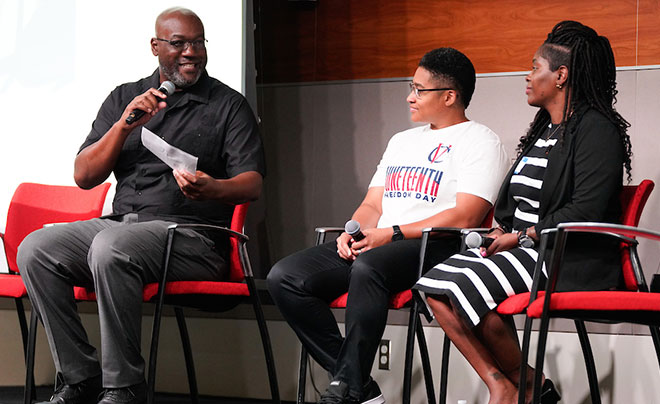 Juneteenth speaker with guests at event