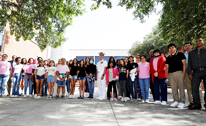 Vice Admiral Frank M. Bradley with students