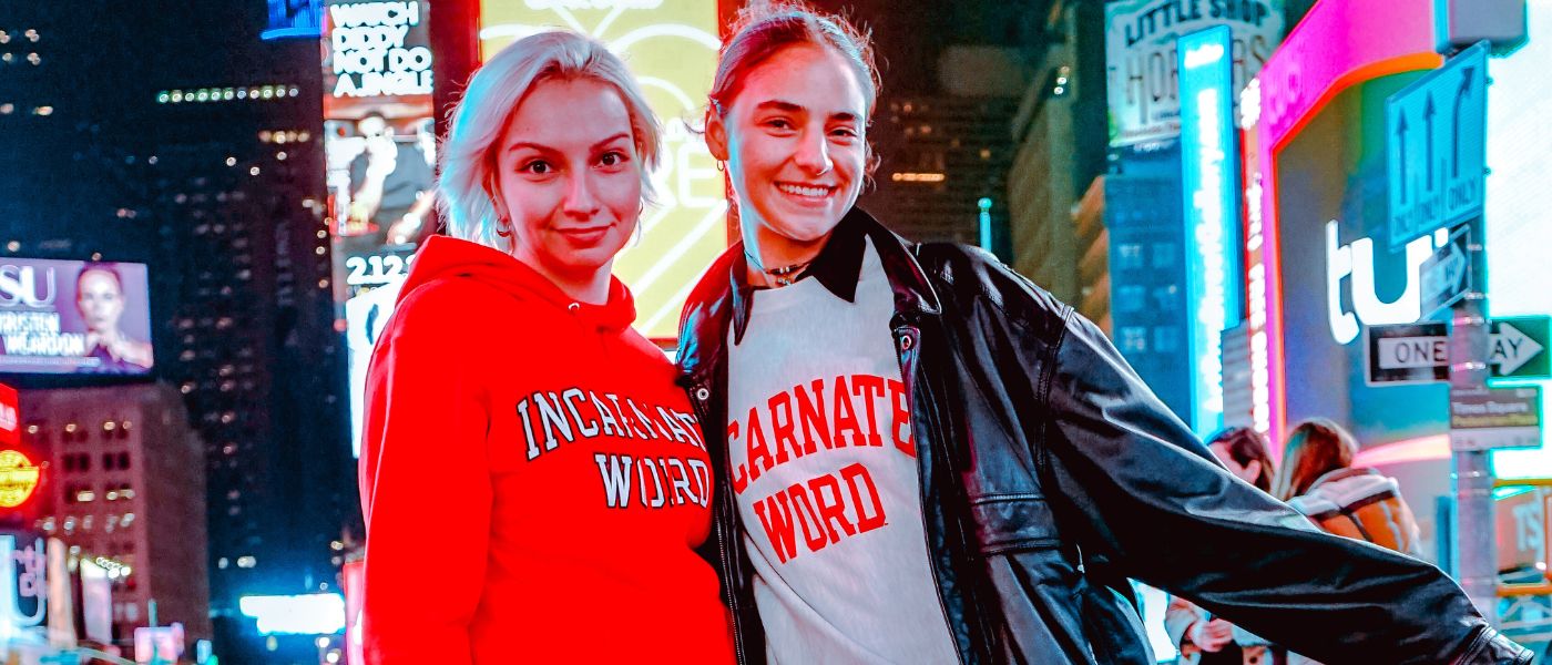 Sarah Cox and Maya Kanawati in Times Square